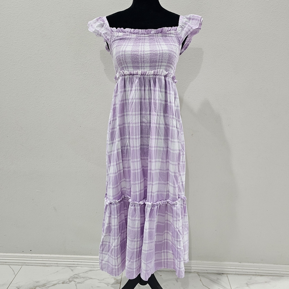 Lavender Plaid Dress With Caped Ruffled Sleeves